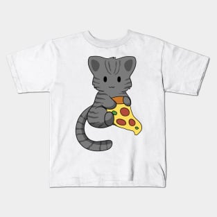 Grey Tabby Cat with Pizza Kids T-Shirt